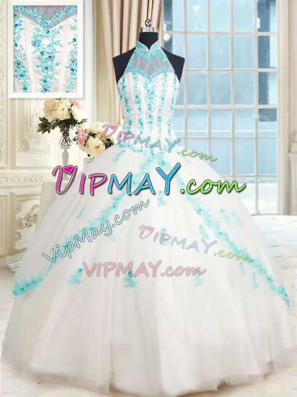 High Collar White Sheer Neck Tulle Quinceanera Dress with Aqua Appliques