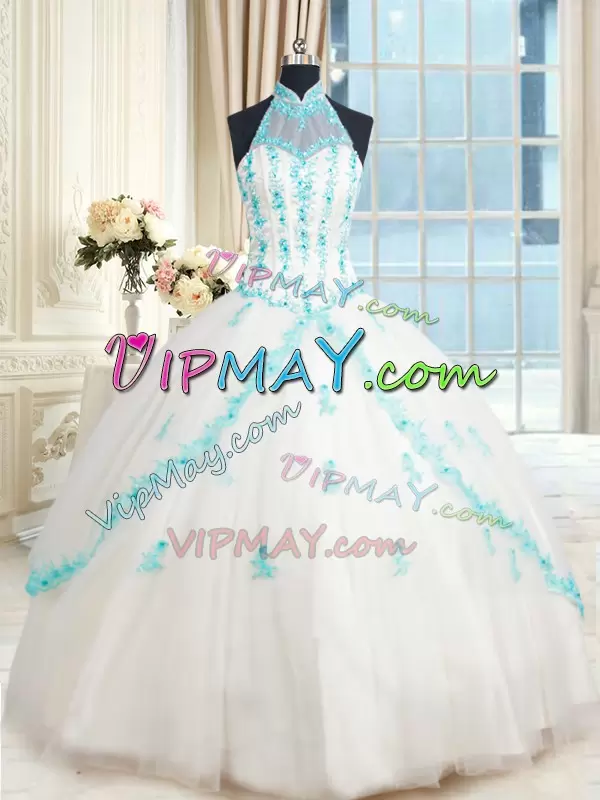 High Collar White Sheer Neck Tulle Quinceanera Dress with Aqua Appliques