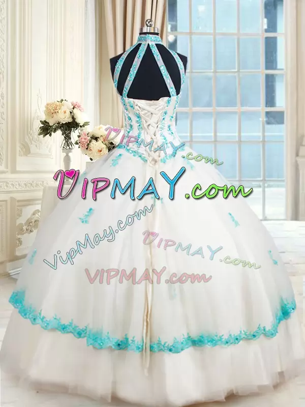 High Collar White Sheer Neck Tulle Quinceanera Dress with Aqua Appliques