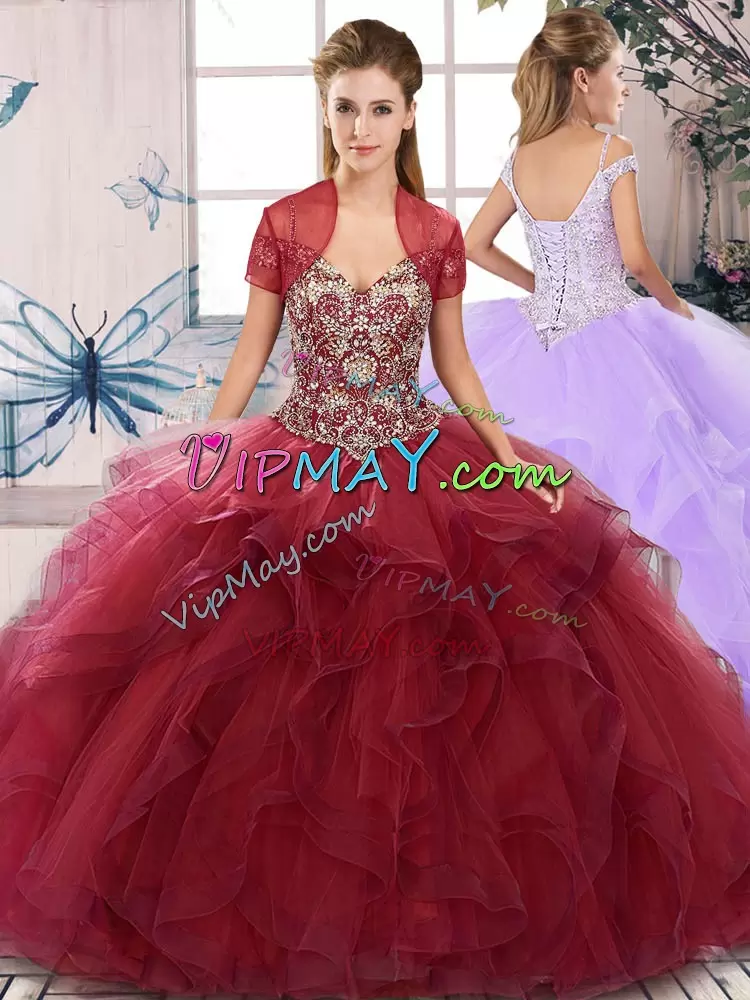 Floor Length Lace Up Ball Gown Prom Dress Burgundy for Military Ball and Sweet 16 and Quinceanera with Beading and Ruffles