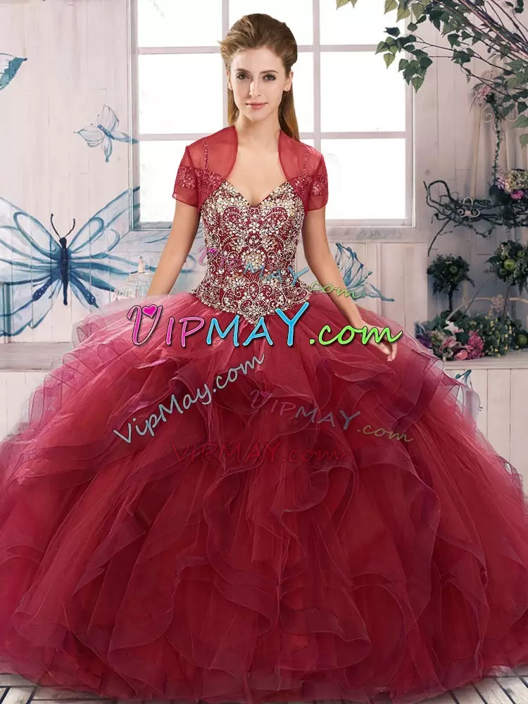 Floor Length Lace Up Ball Gown Prom Dress Burgundy for Military Ball and Sweet 16 and Quinceanera with Beading and Ruffles