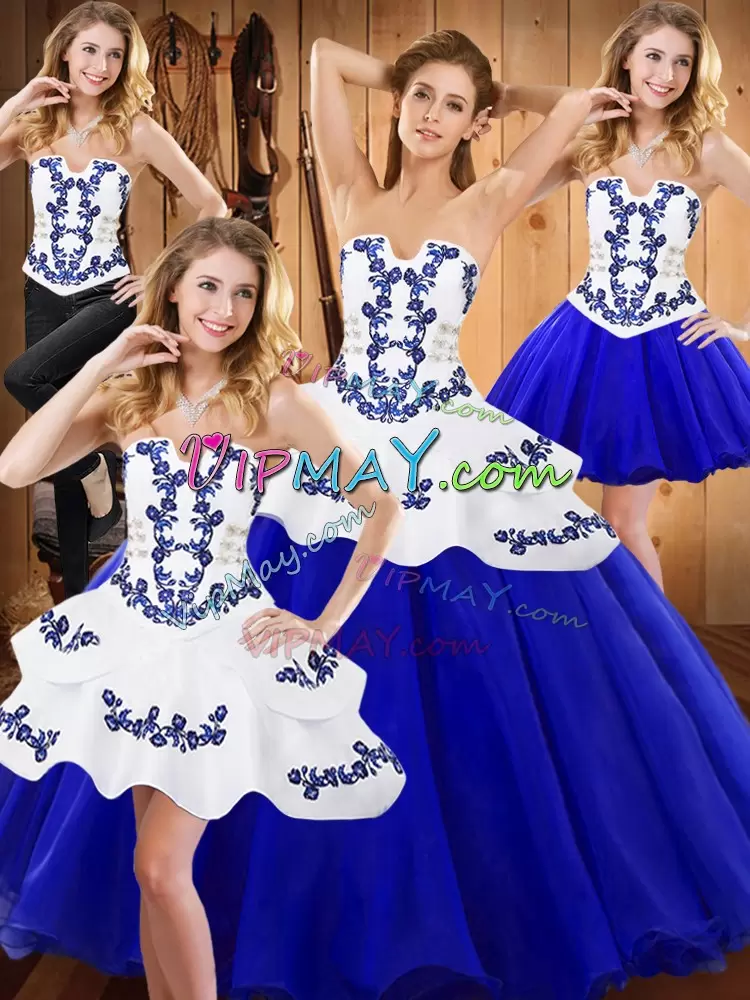 Graceful Sleeveless Floor Length Embroidery Lace Up Sweet 16 Dress with Royal Blue