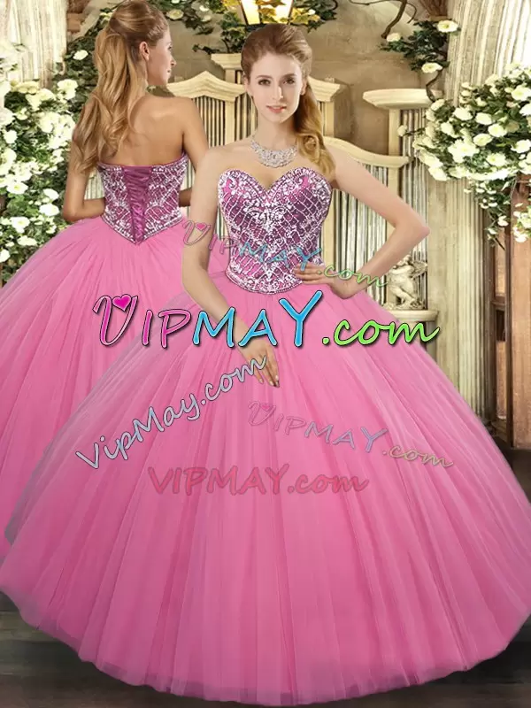 Floor Length Rose Pink Sweet 16 Quinceanera Dress Tulle Sleeveless Beading