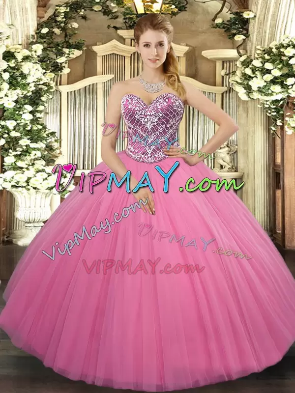 Floor Length Rose Pink Sweet 16 Quinceanera Dress Tulle Sleeveless Beading