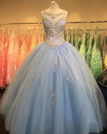 Sleeveless Floor Length Beading and Appliques Lace Up Ball Gown Prom Dress with Light Blue
