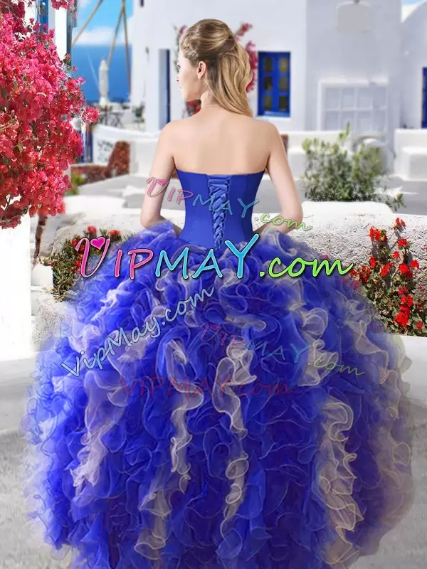 Blue Ball Gowns Beading Quinceanera Dresses Lace Up Organza Sleeveless Floor Length