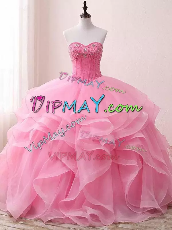Sexy Baby Pink Sweetheart Lace Up Beading Ball Gown Prom Dress Sleeveless