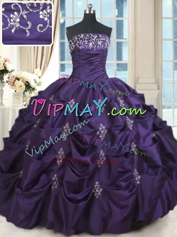 Nice Sleeveless Floor Length Beading and Appliques Lace Up Quinceanera Gowns with Purple