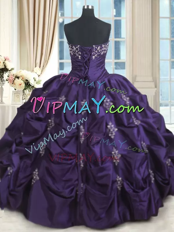 Nice Sleeveless Floor Length Beading and Appliques Lace Up Quinceanera Gowns with Purple