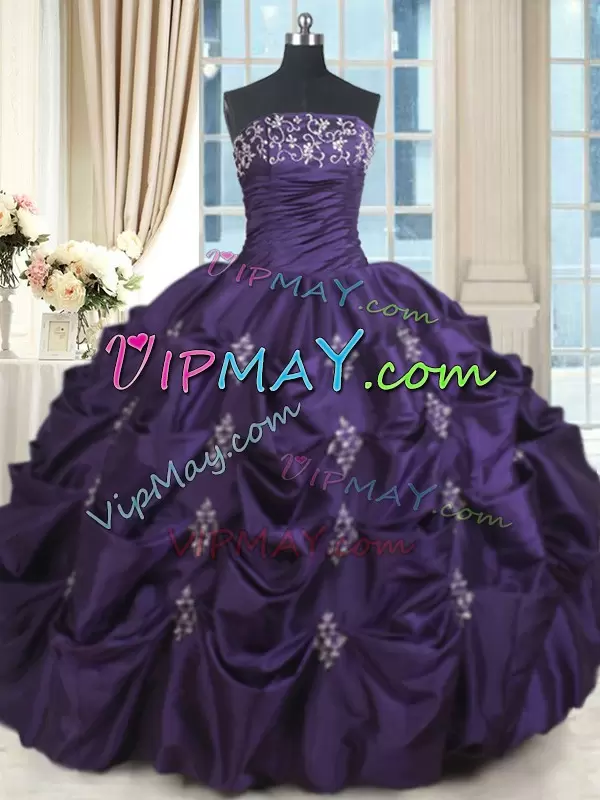 Nice Sleeveless Floor Length Beading and Appliques Lace Up Quinceanera Gowns with Purple