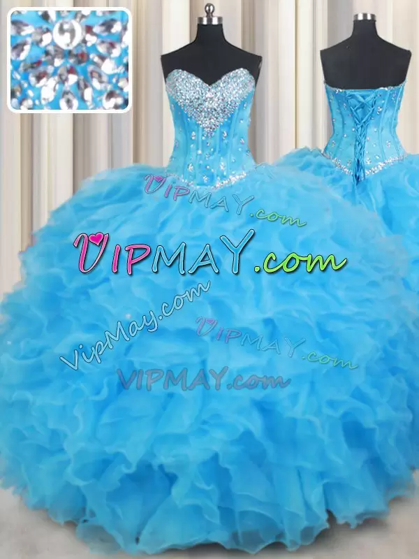 Baby Blue Sleeveless Organza Lace Up Sweet 16 Dresses for Military Ball and Sweet 16 and Quinceanera