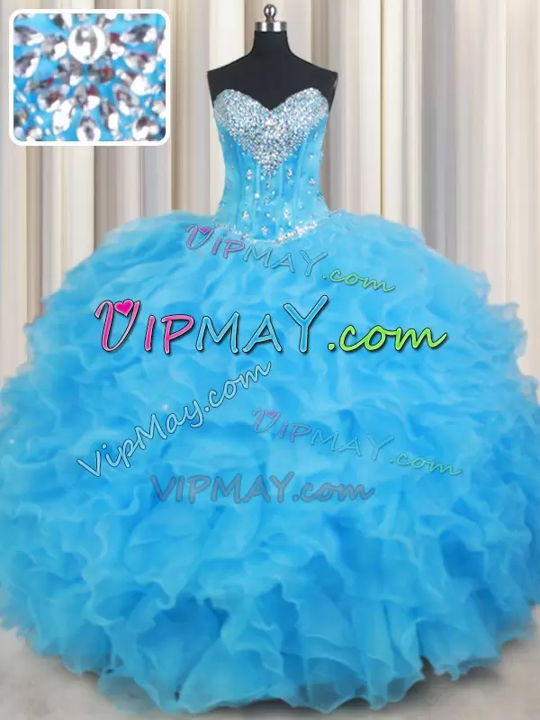 Baby Blue Sleeveless Organza Lace Up Sweet 16 Dresses for Military Ball and Sweet 16 and Quinceanera