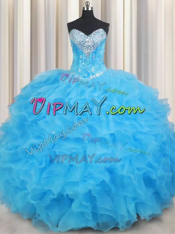 Baby Blue Sleeveless Organza Lace Up Sweet 16 Dresses for Military Ball and Sweet 16 and Quinceanera