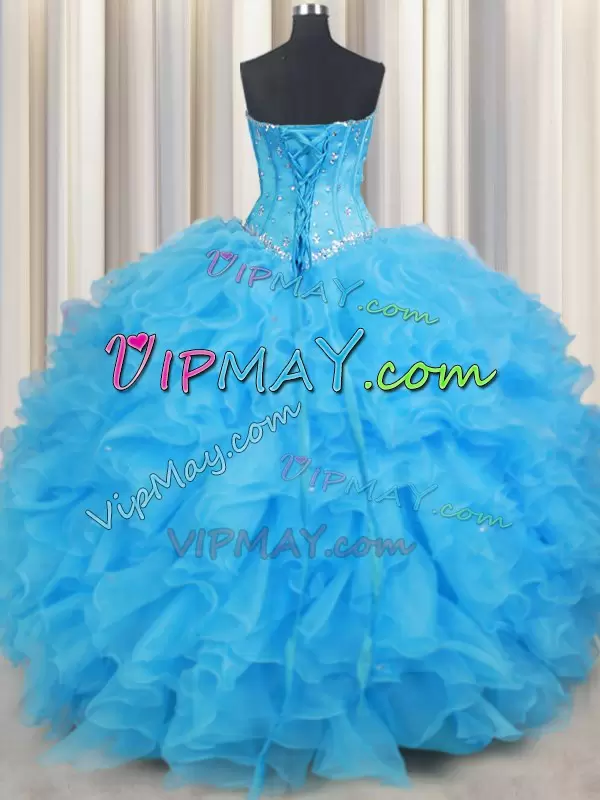 Baby Blue Sleeveless Organza Lace Up Sweet 16 Dresses for Military Ball and Sweet 16 and Quinceanera