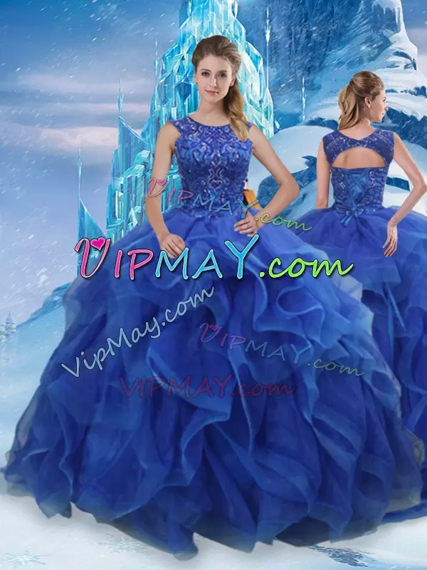 Blue Ball Gowns Beading and Ruffles Quinceanera Dresses Lace Up Organza Sleeveless Floor Length