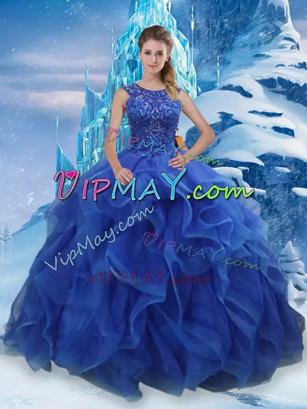 Blue Ball Gowns Beading and Ruffles Quinceanera Dresses Lace Up Organza Sleeveless Floor Length