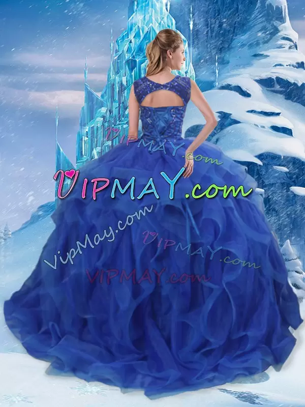 Blue Ball Gowns Beading and Ruffles Quinceanera Dresses Lace Up Organza Sleeveless Floor Length