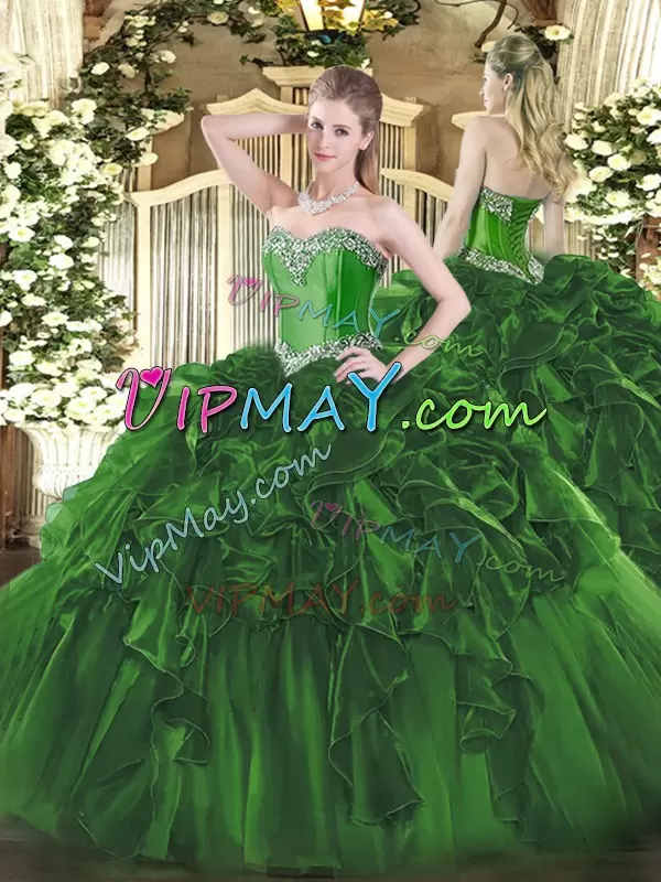 Ideal Sweetheart Sleeveless Organza Sweet 16 Dress Beading and Ruffles Lace Up