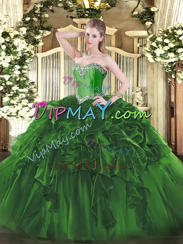 Ideal Sweetheart Sleeveless Organza Sweet 16 Dress Beading and Ruffles Lace Up