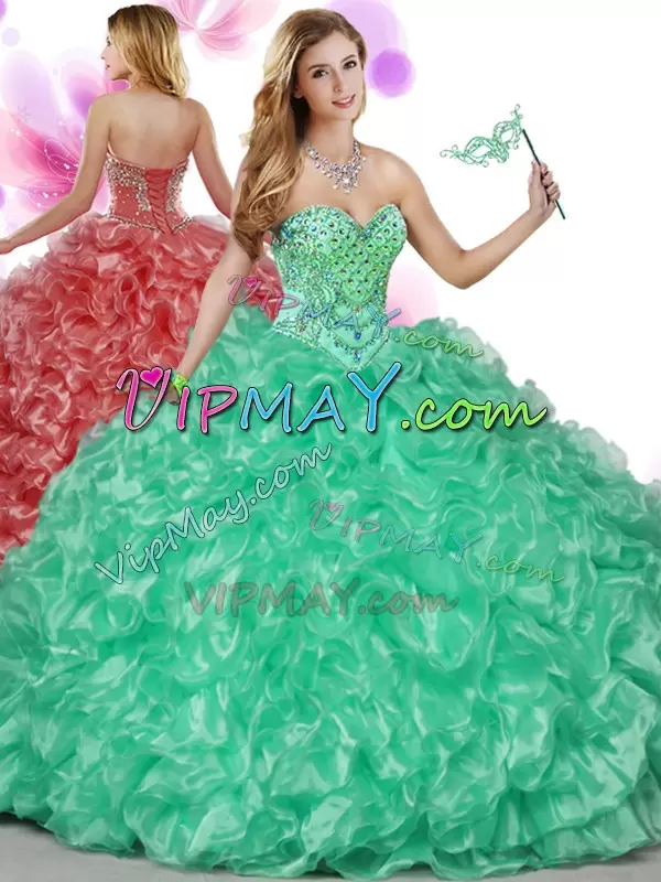 Green Column Sheath Beading and Ruffles Vestidos de Quinceanera Lace Up Organza Sleeveless Floor Length