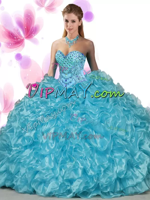 Green Column Sheath Beading and Ruffles Vestidos de Quinceanera Lace Up Organza Sleeveless Floor Length