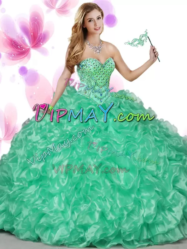 Green Column Sheath Beading and Ruffles Vestidos de Quinceanera Lace Up Organza Sleeveless Floor Length