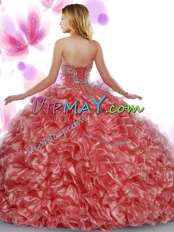 Green Column Sheath Beading and Ruffles Vestidos de Quinceanera Lace Up Organza Sleeveless Floor Length