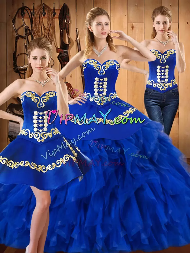 Customized Satin and Organza Sleeveless Floor Length Quinceanera Dress and Embroidery and Ruffles