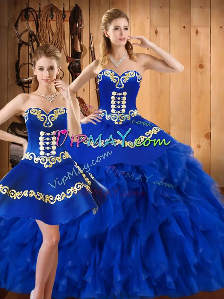 Customized Satin and Organza Sleeveless Floor Length Quinceanera Dress and Embroidery and Ruffles