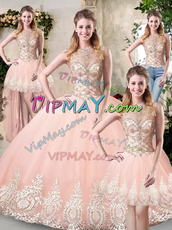 Peach High-neck Neckline Beading and Lace and Appliques Quinceanera Gowns Sleeveless Backless