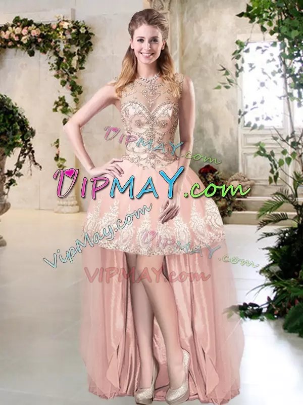 Peach High-neck Neckline Beading and Lace and Appliques Quinceanera Gowns Sleeveless Backless