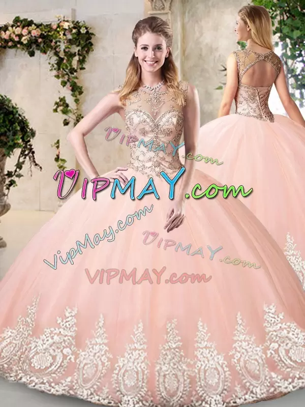 Peach High-neck Neckline Beading and Lace and Appliques Quinceanera Gowns Sleeveless Backless