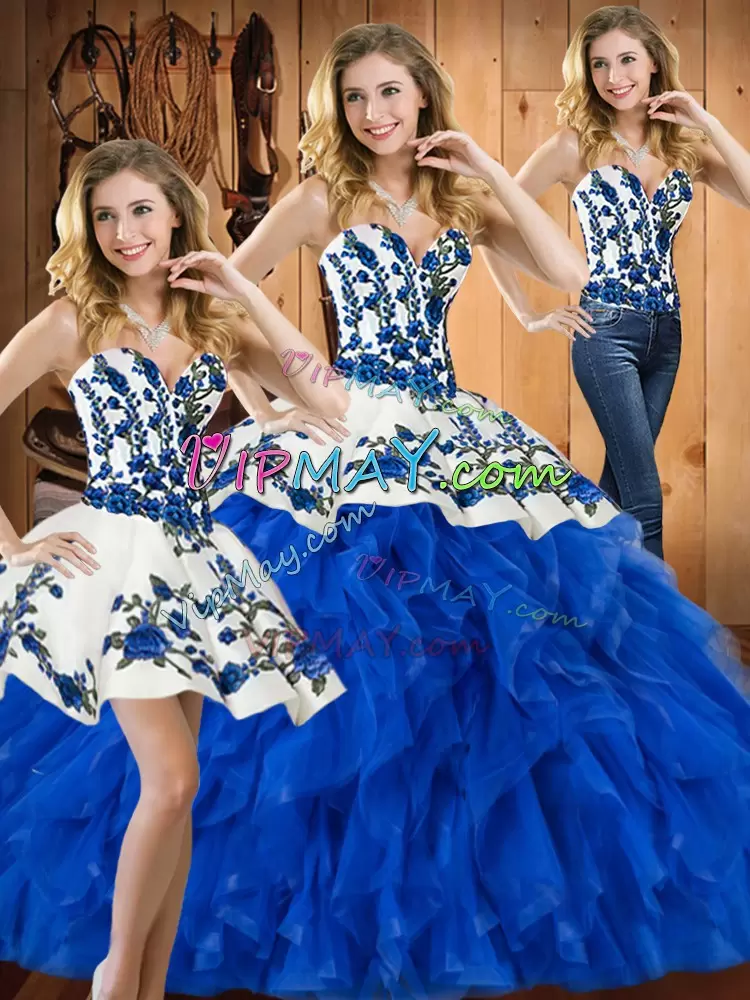 Wonderful Embroidery and Ruffles Quinceanera Dress Blue Lace Up Sleeveless Floor Length