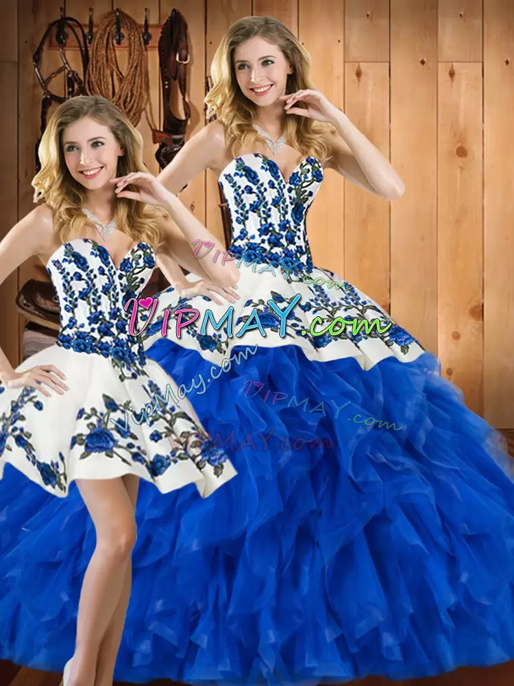 Wonderful Embroidery and Ruffles Quinceanera Dress Blue Lace Up Sleeveless Floor Length