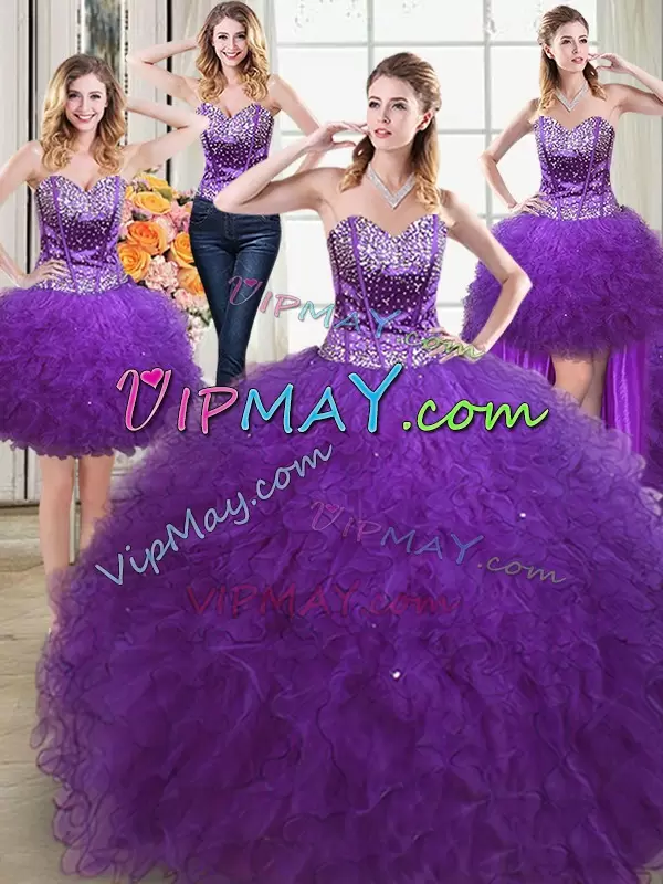 Eggplant Purple Tulle Lace Up 15 Quinceanera Dress Sleeveless Floor Length Beading and Ruffles