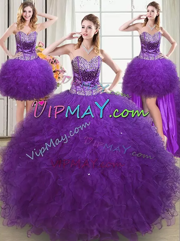 Eggplant Purple Tulle Lace Up 15 Quinceanera Dress Sleeveless Floor Length Beading and Ruffles
