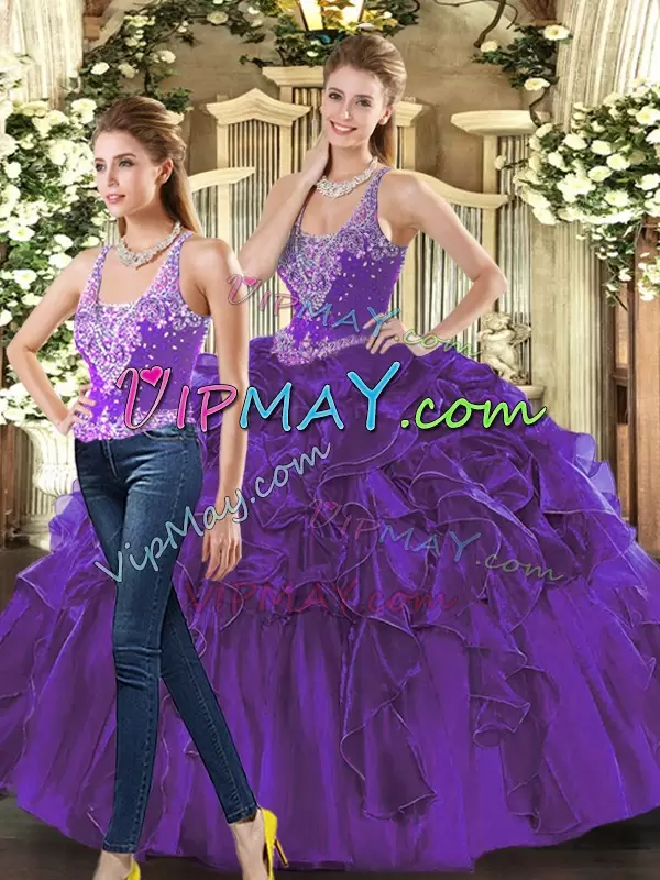 Straps Sleeveless Lace Up 15 Quinceanera Dress Purple Tulle Beading and Ruffles