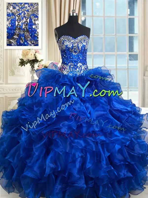 Affordable Organza Sweetheart Sleeveless Lace Up Beading and Ruffles and Ruffled Layers Quinceanera Dress in Royal Blue