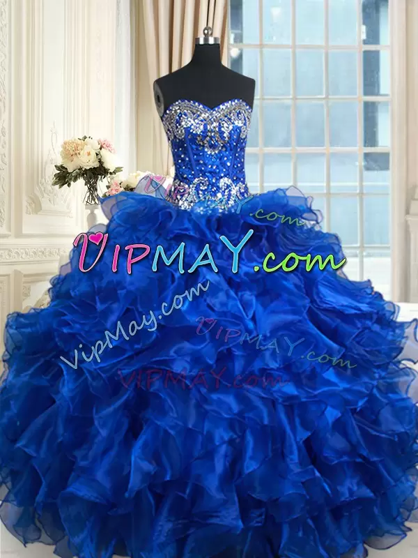 Affordable Organza Sweetheart Sleeveless Lace Up Beading and Ruffles and Ruffled Layers Quinceanera Dress in Royal Blue