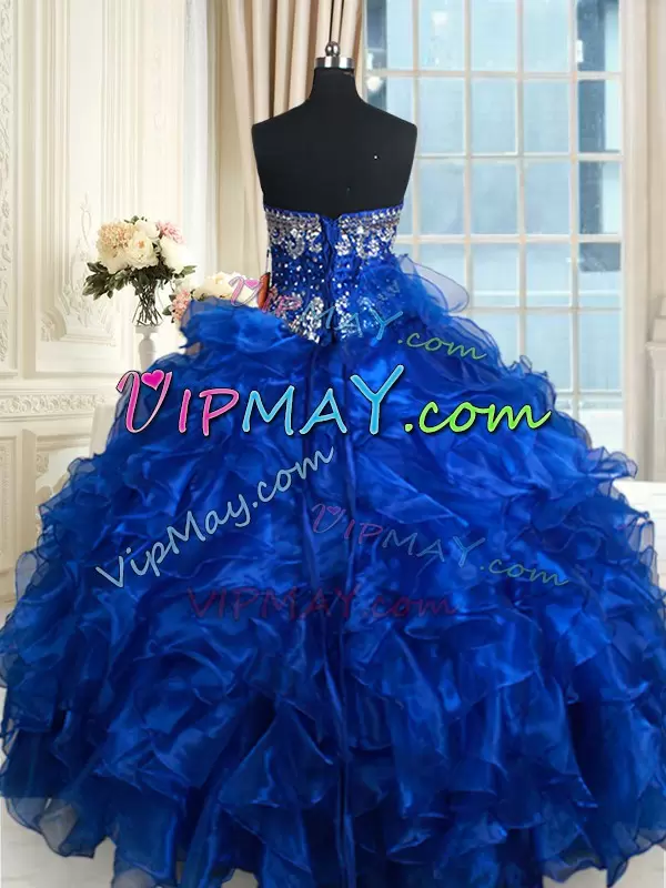 Affordable Organza Sweetheart Sleeveless Lace Up Beading and Ruffles and Ruffled Layers Quinceanera Dress in Royal Blue