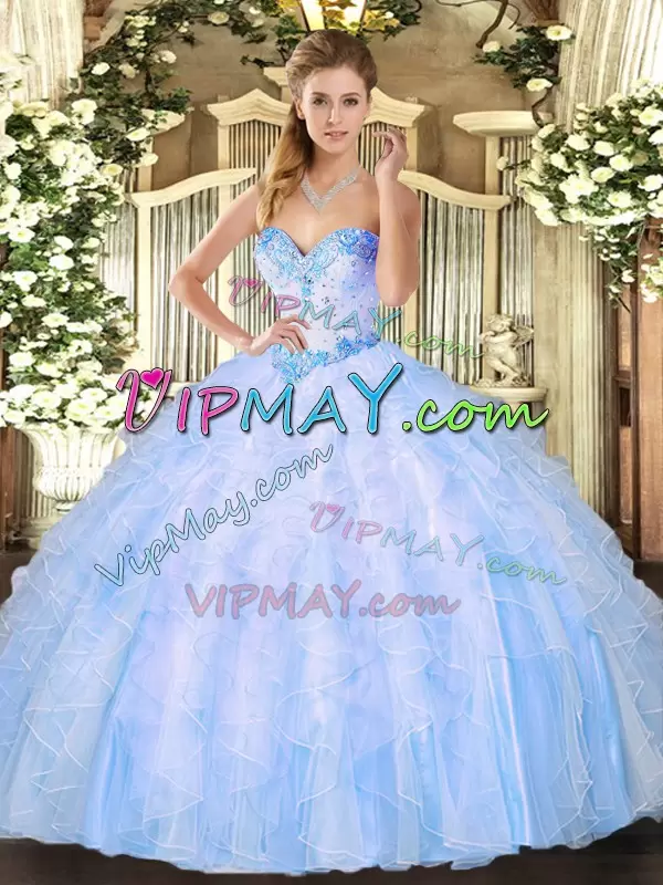 Light Blue Sleeveless Organza Lace Up Quinceanera Dresses for Military Ball and Sweet 16 and Quinceanera