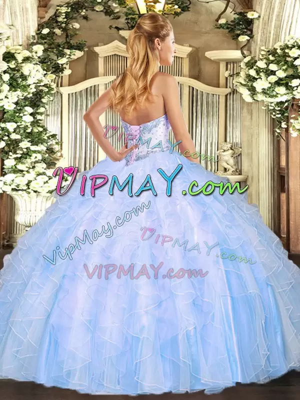 Light Blue Sleeveless Organza Lace Up Quinceanera Dresses for Military Ball and Sweet 16 and Quinceanera