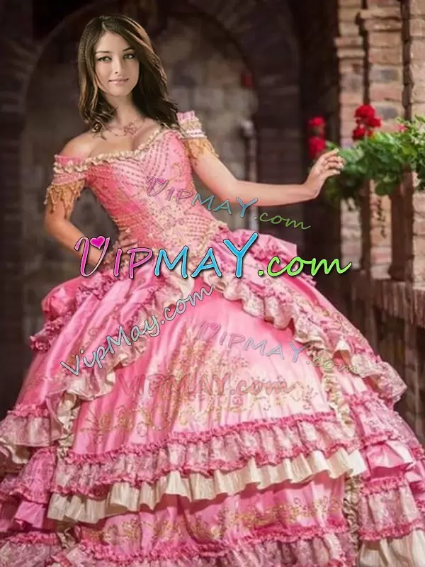 Affordable Beading and Embroidery and Ruffled Layers Sweet 16 Quinceanera Dress Rose Pink Lace Up Sleeveless Floor Length