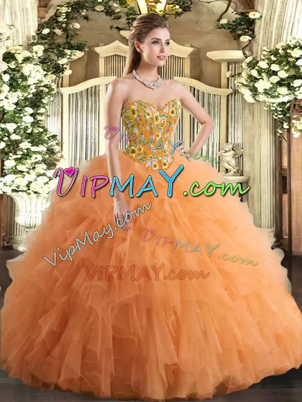 Nice Orange Sweetheart Neckline Embroidery and Ruffles Sweet 16 Quinceanera Dress Sleeveless Lace Up