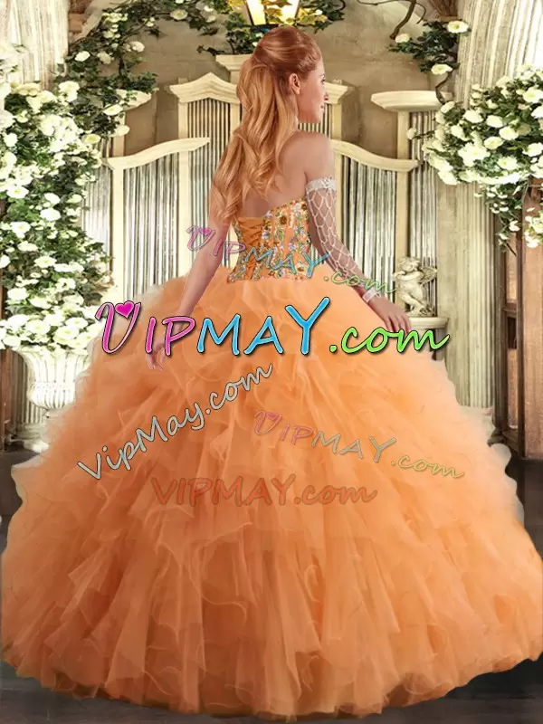 Nice Orange Sweetheart Neckline Embroidery and Ruffles Sweet 16 Quinceanera Dress Sleeveless Lace Up