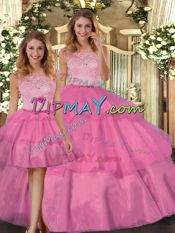 Extravagant Hot Pink Three Pieces Scoop Sleeveless Tulle Floor Length Zipper Lace Quinceanera Gown