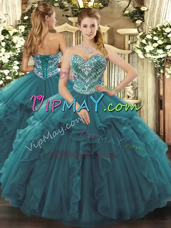 Comfortable Floor Length Lace Up 15 Quinceanera Dress Turquoise for Military Ball and Sweet 16 and Quinceanera with Beading and Ruffles