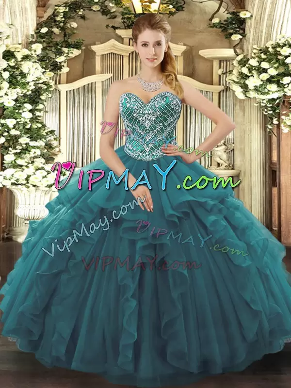 Comfortable Floor Length Lace Up 15 Quinceanera Dress Turquoise for Military Ball and Sweet 16 and Quinceanera with Beading and Ruffles