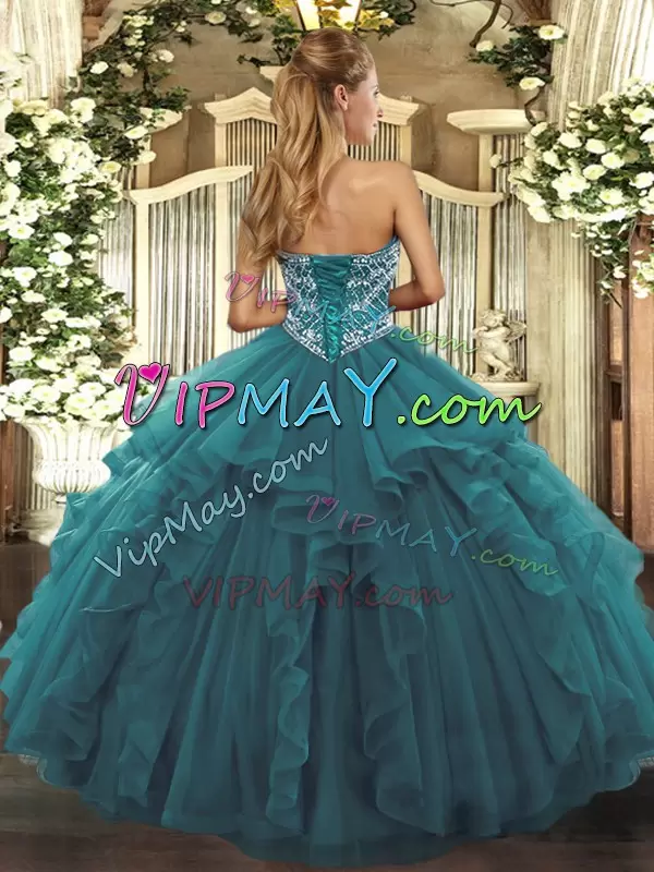 Comfortable Floor Length Lace Up 15 Quinceanera Dress Turquoise for Military Ball and Sweet 16 and Quinceanera with Beading and Ruffles