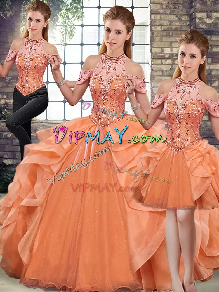 Fashion Floor Length Orange Quinceanera Dress Halter Top Sleeveless Lace Up